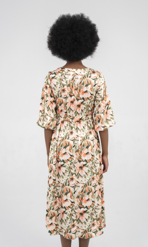 SIXDO Multicolor Floral Silk Midi Dress